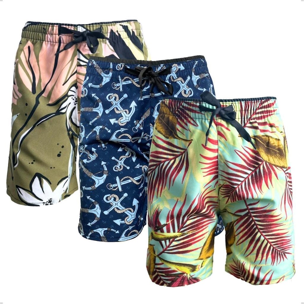 3 Bermuda Infantil Short Praia Floral Tactel com Elastano