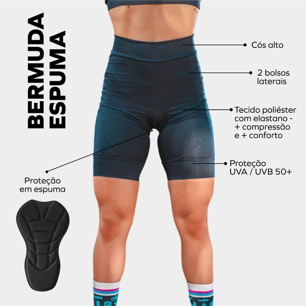 Bermuda de Ciclismo Feminina com Bolsos Acolchoada Para Pedal Bike Confortável