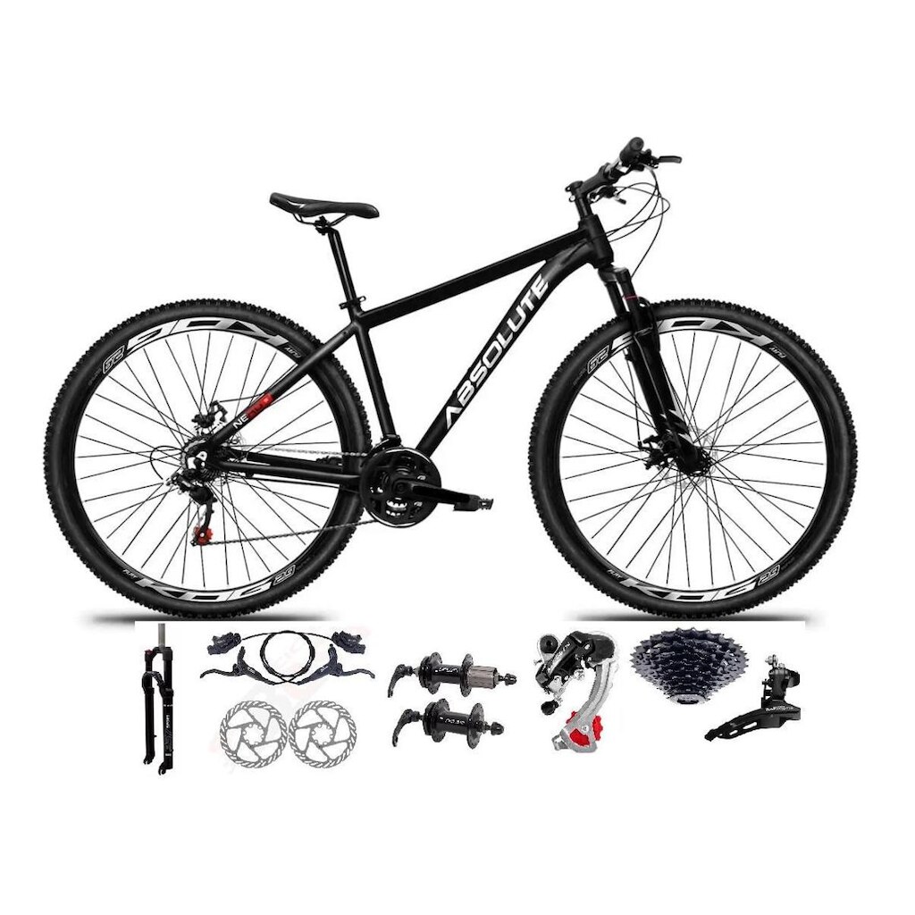 Bicicleta Aro 29 Absolute Nero 5 Câmbios Shimano 24v K7 11/32 Freios Disco Hidráulicos Susp. Trava