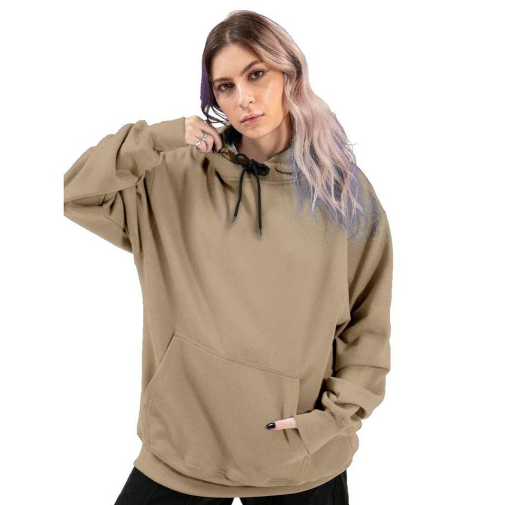 Blusa de Frio Moletom Canguru Com Capuz Feminino Liso Casual
