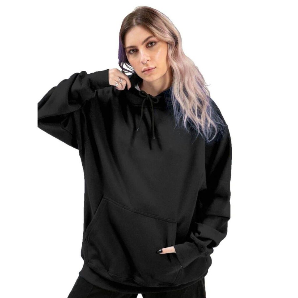 Blusa de Frio Moletom Canguru Com Capuz Feminino Liso Casual