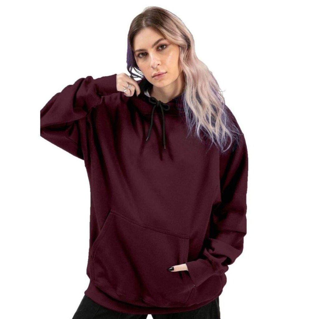 Blusa de Frio Moletom Canguru Com Capuz Feminino Liso Casual