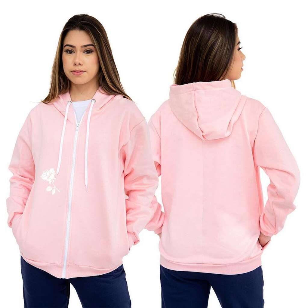Blusa de Frio Moletom Feminino Zíper Canguru Com Capuz Rosas