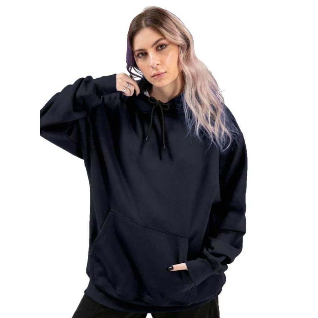 Blusa de Frio Moletom Liso Feminino Relaxado Com Capuz E Bolso Canguru