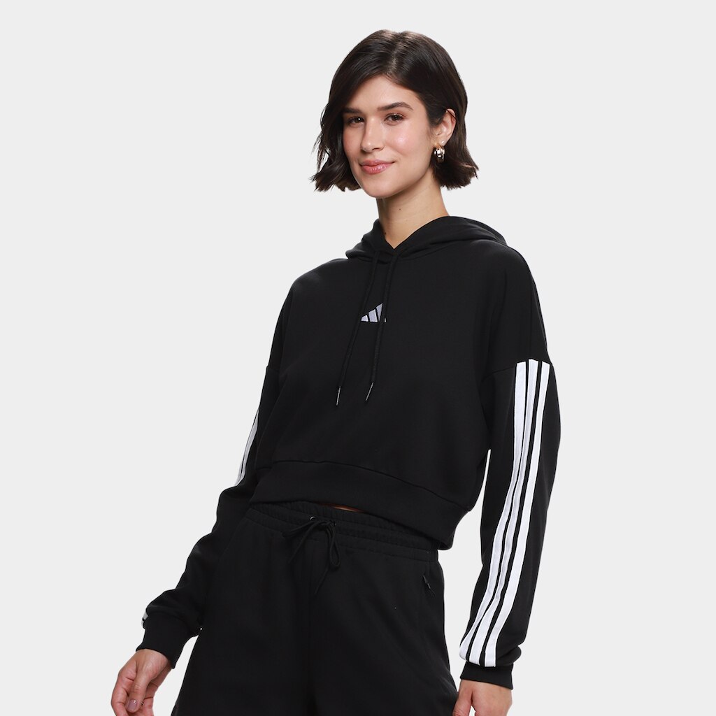 Blusa Moletom Cropped Adidas 3 Listras Com Capuz Feminina