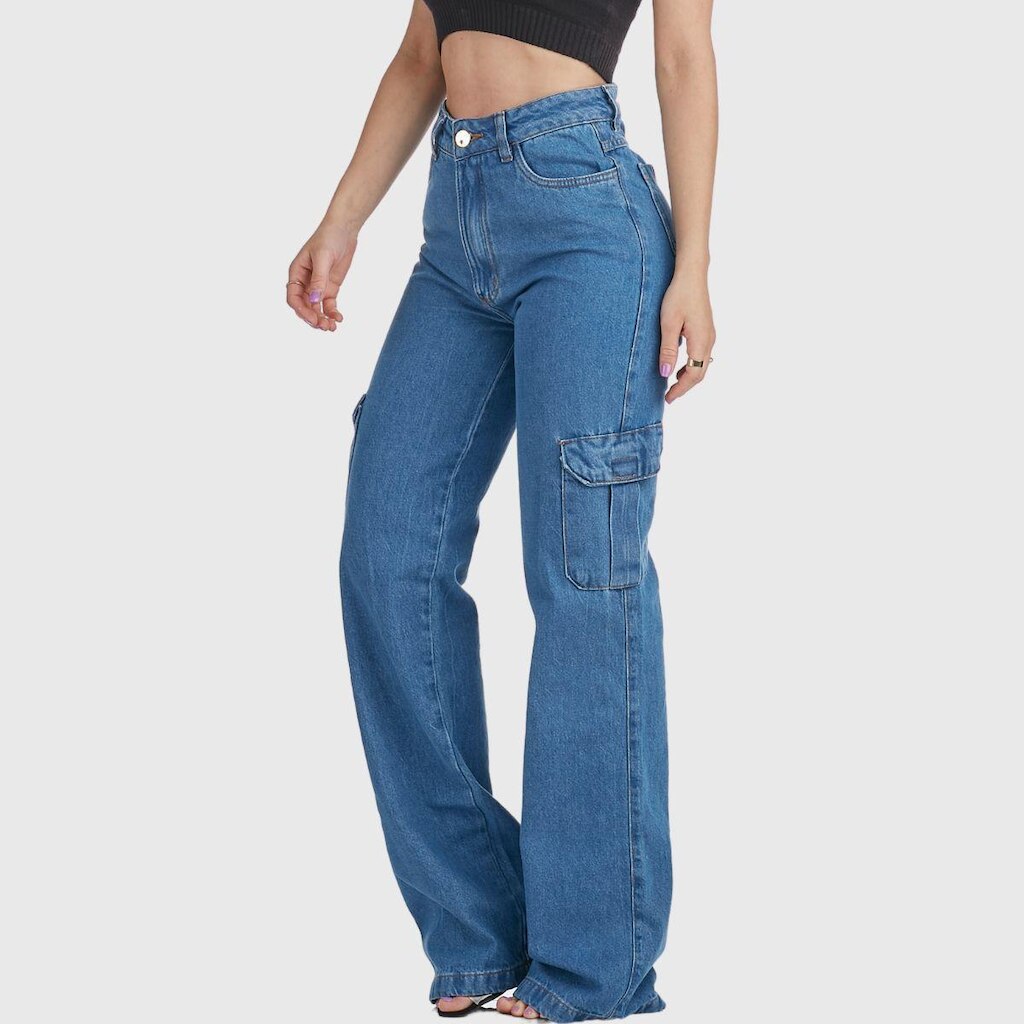 Calça Jeans HNO Jeans Wide Leg Cargo Bolso Lateral Azul