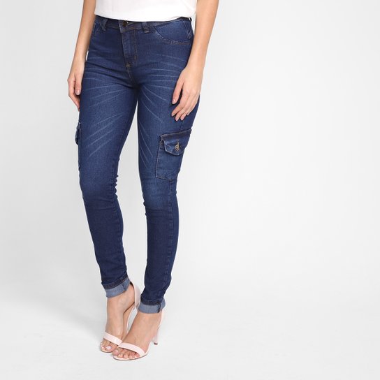 Calça Jeans Skinny Grifle Cargo Cintura Média - Azul Menor preço em Calça Jeans Skinny Grifle Cargo Cintura Média - Azul
