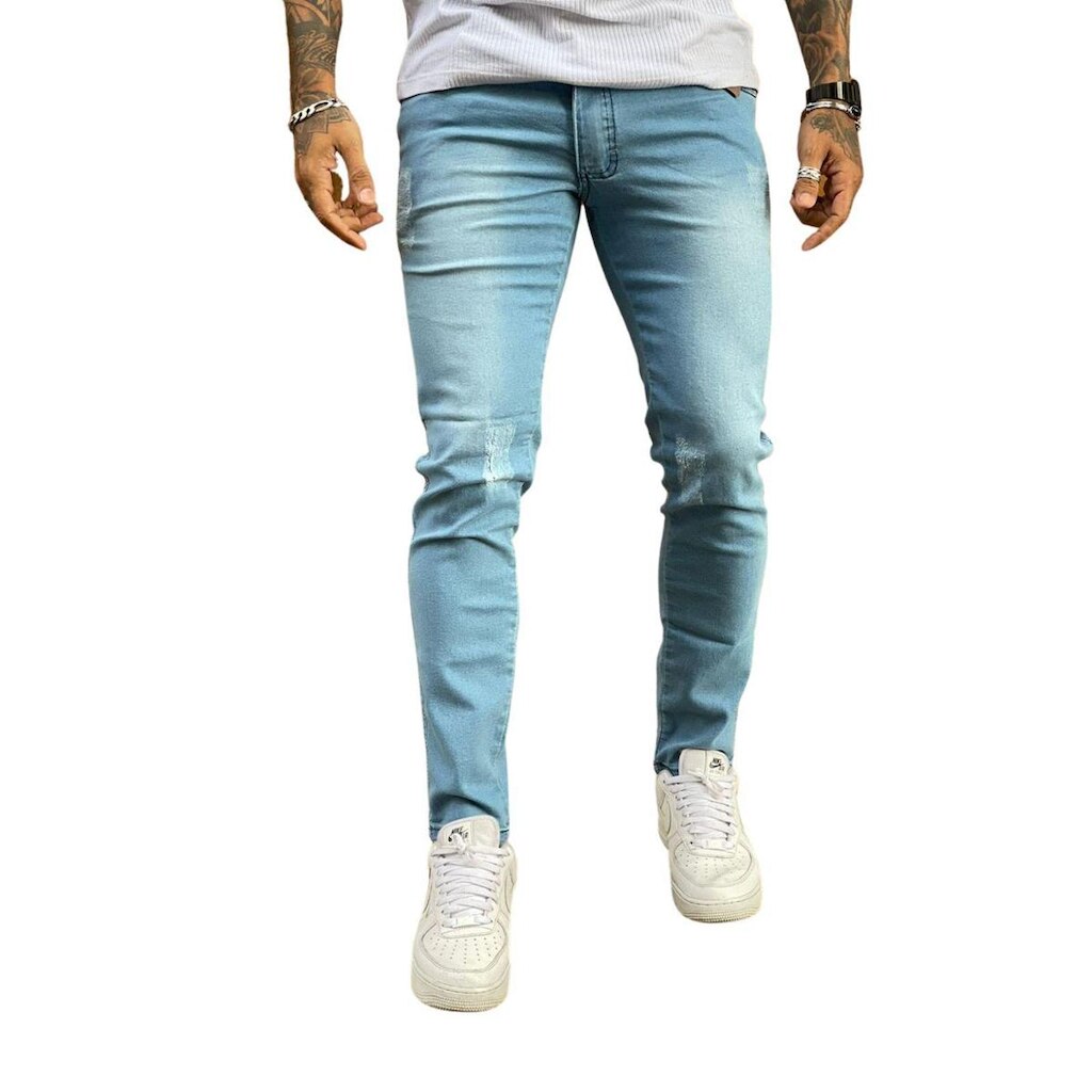 Calça Super Skinny Comfort Délavé Puídos Azul Claro