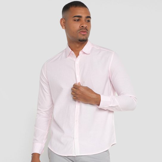 Camisa Manga Longa Milano Lisa Masculina - Rosa Claro Menor preço em Camisa Manga Longa Milano Lisa Masculina - Rosa Claro