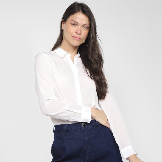 Camisa Manga Longa We're The Basic Estampada Feminina - Branco Menor preço em Camisa Manga Longa We're The Basic Estampada Feminina - Branco