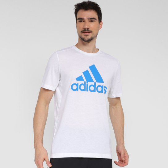 Camiseta Adidas D2M Logo Feelready Masculina - Branco+Azul Menor preço em Camiseta Adidas D2M Logo Feelready Masculina - Branco+Azul