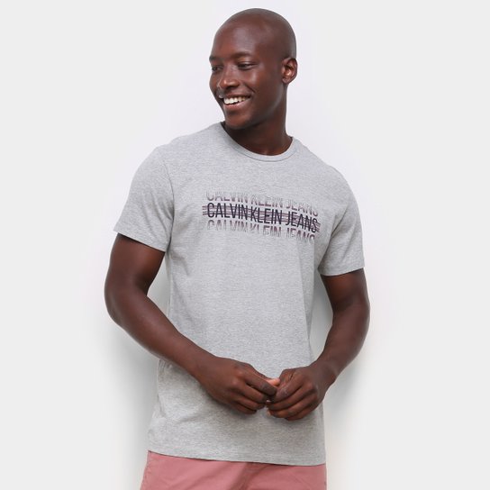 Camiseta Calvin Klein Logo Listras Masculina - Mescla