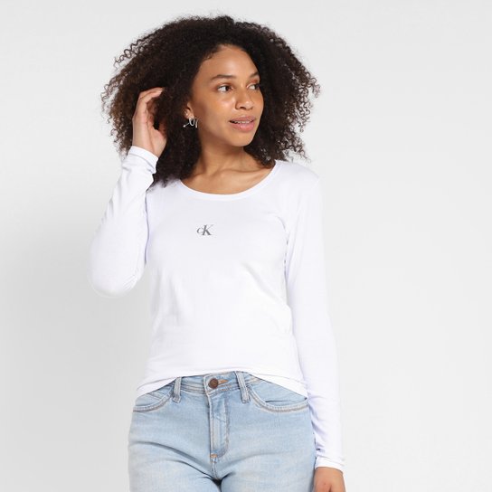 Camiseta Calvin Klein Manga Longa Logo Feminina - Branco