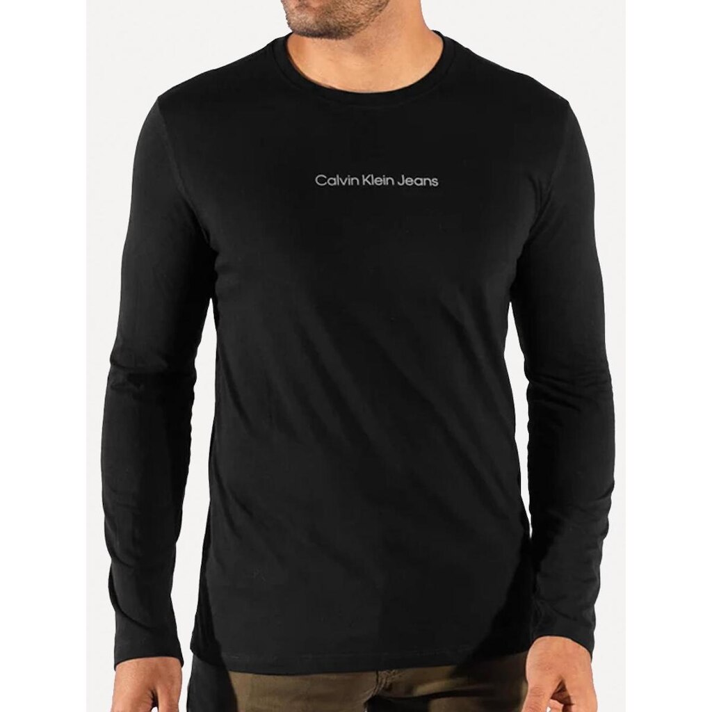 Camiseta Calvin Klein Masculina Manga Longa Institutional Grey Logo Preta