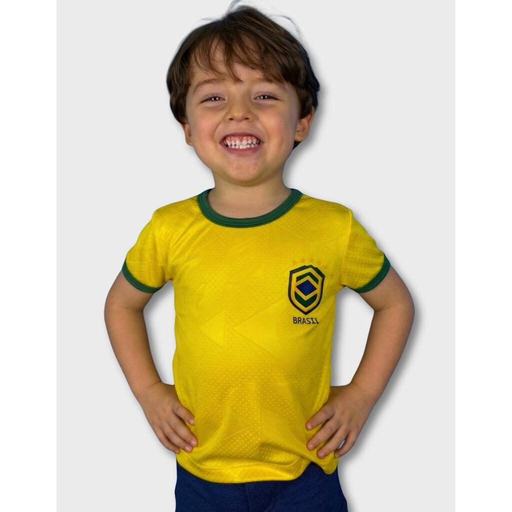Camiseta Infantil Brasil Dry texturizado 3D com emblema seleção brasileira futebol copa