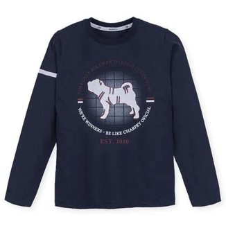 Camiseta Masculina Infantil Camisa Manga Longa Estampa Cachorro Charpey Gola Redonda Lisa Básica