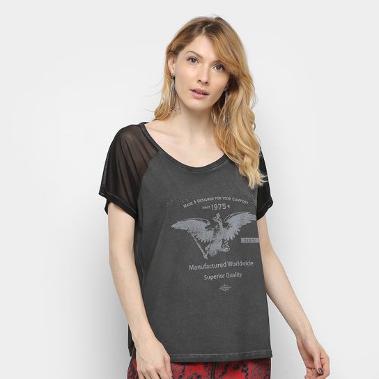 Camiseta Triton Manga Curta Tule Estampada Feminina - Preto