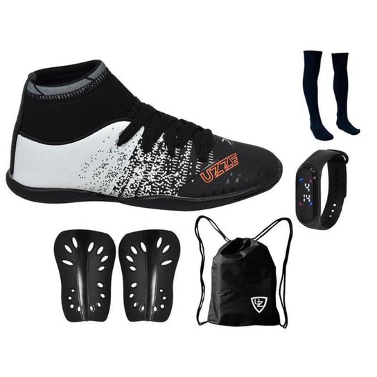Chuteira Infantil Futsal UZ Futebol Quadra Cano Alto + Meião + Ceneleira + Relógio + Bolsa Esportiva