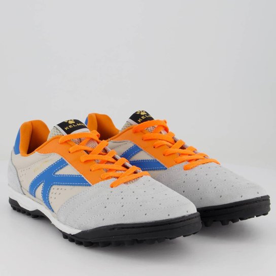 Chuteira Kelme Elite Society Cinza Azul e Laranja