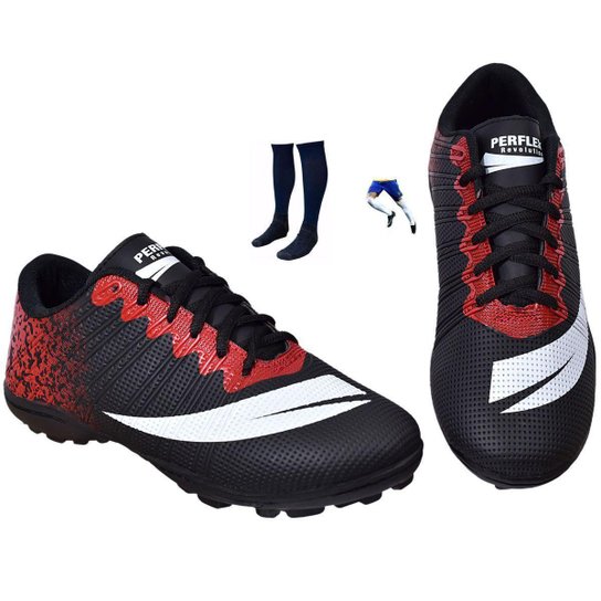 Chuteira Society Masculina Futebol Meião Caneleira Kit 3