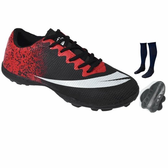 Chuteira Society Masculina Futebol Meião Caneleira Kit 3