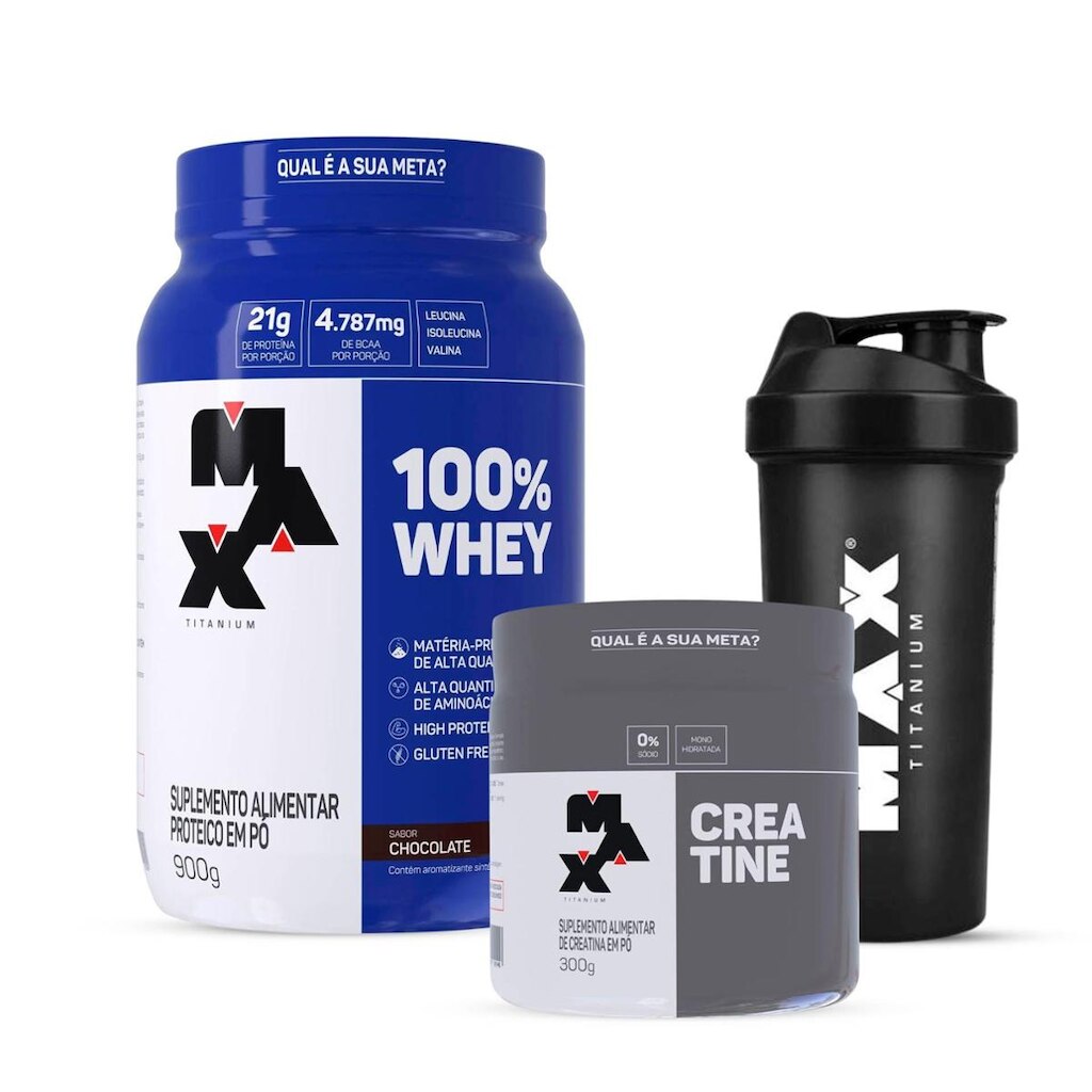 Combo Max Titanium 100% Whey Pote 900g, Creatina 300g e Coqueteleira