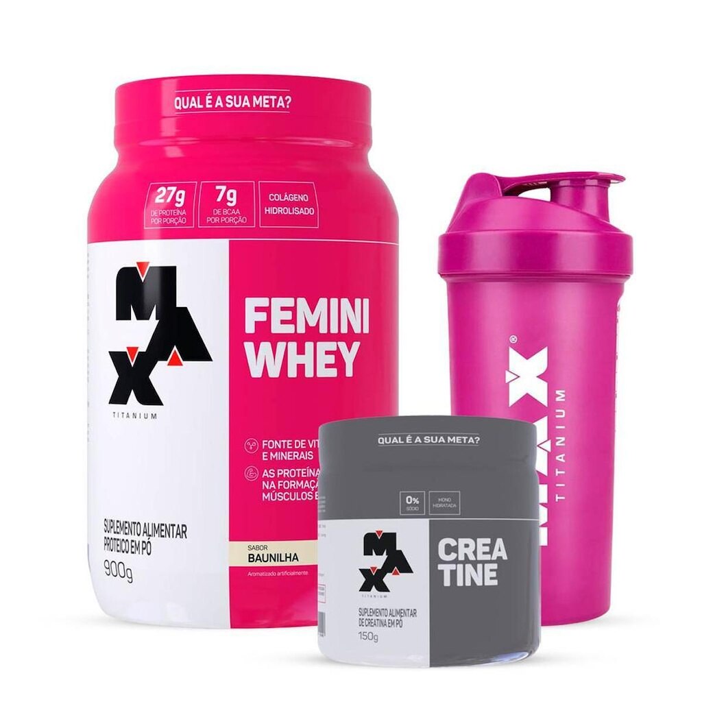Combo Whey Feminino 900g, Creatina 150g e Coqueteleira Max
