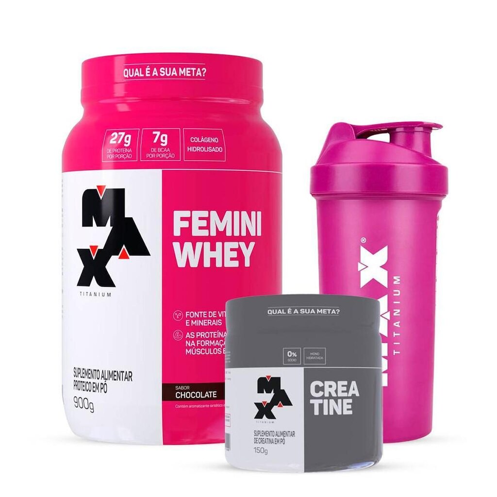 Combo Whey Feminino 900g, Creatina 150g e Coqueteleira Max