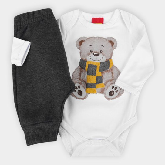 Conjunto Bebê Kyly Ursinho Body + Calça Moletom Peluciado Masculino - Branco Menor preço em Conjunto Bebê Kyly Ursinho Body + Calça Moletom Peluciado Masculino - Branco
