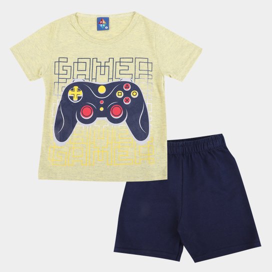 Conjunto Bebê Pipa Gamer Camiseta + Bermuda Masculino - Amarelo Menor preço em Conjunto Bebê Pipa Gamer Camiseta + Bermuda Masculino - Amarelo