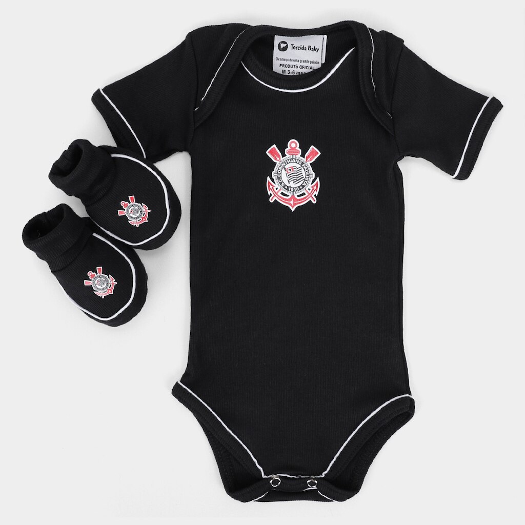 Conjunto Corinthians Body Manga Curta Com Pantufa Infantil