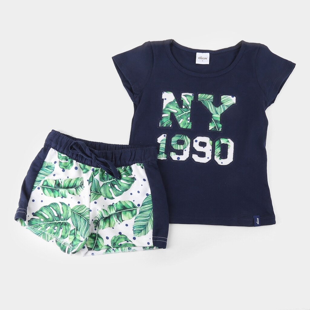 Conjunto Infantil Elian Blusa E Shorts Moletom Folhagens Feminino