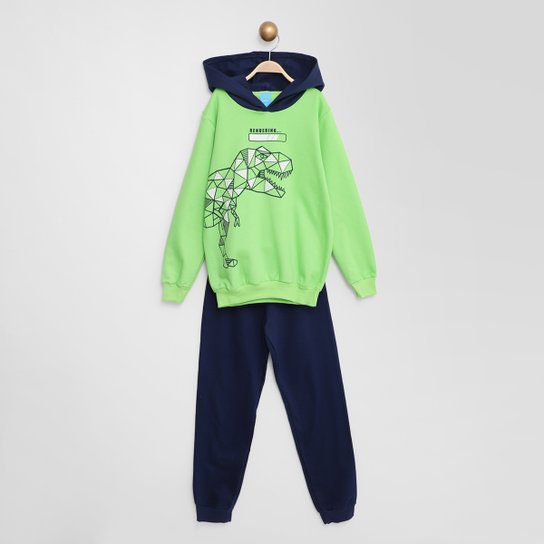 Conjunto Infantil Longo Kamylus Blusa com Capuz e Calça Moletom Dino Menino - Verde Menor preço em Conjunto Infantil Longo Kamylus Blusa com Capuz e Calça Moletom Dino Menino - Verde