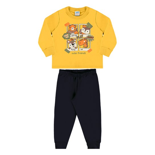 Conjunto Infantil Longo Marlan Bichinhos Menino - Amarelo Menor preço em Conjunto Infantil Longo Marlan Bichinhos Menino - Amarelo