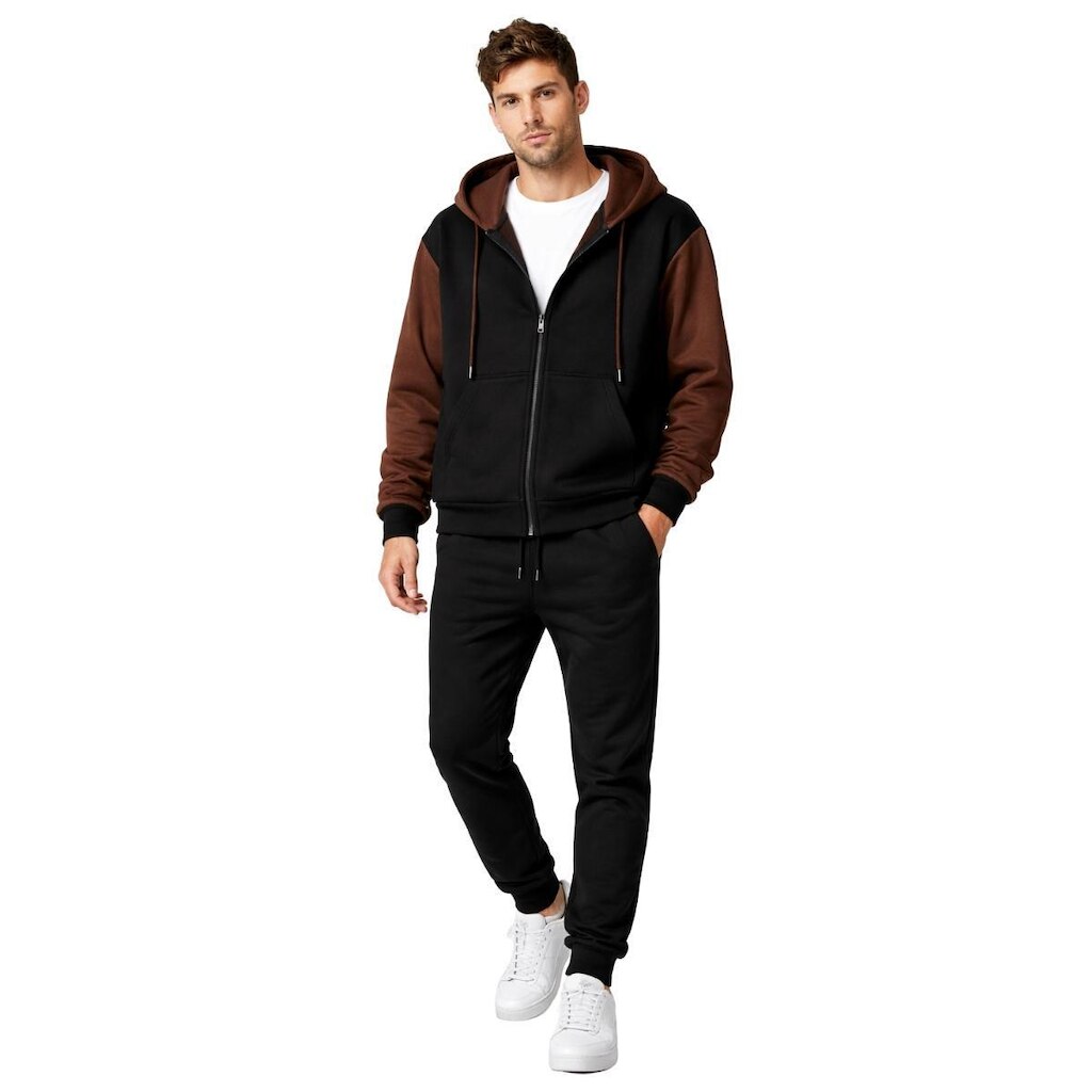 Conjunto Jaqueta Masculina com Zíper Capuz + Calça Moletom Casual Confortável Inverno