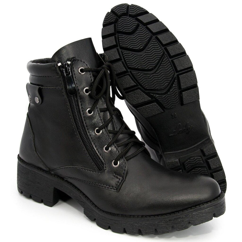 Coturno Botinha Bota Feminina Confort Flexível Couro Zíper Cadarço