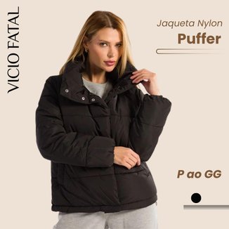 Jaqueta Feminina Nylon Puffer Gola Alta Botões Inverno Impermeável