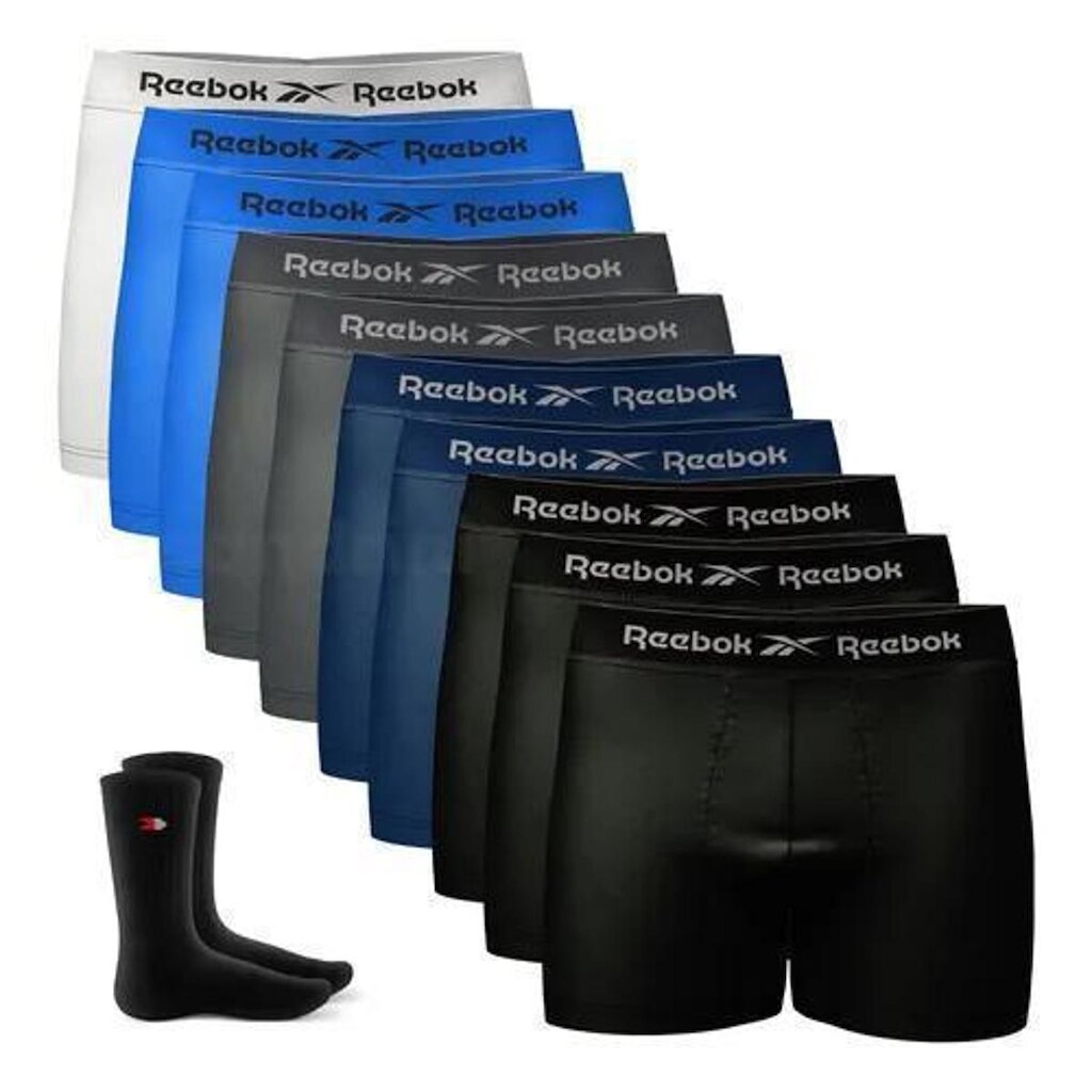 Kit 10 Cueca Boxer Reebok Sem Costura Box e 1 Par de Meias Sandrini