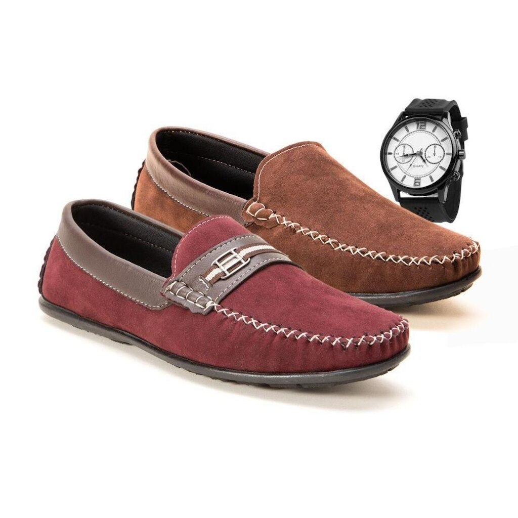 Kit 2 Pares Mocassim Seven Brasil Casual + Relogio Masculino