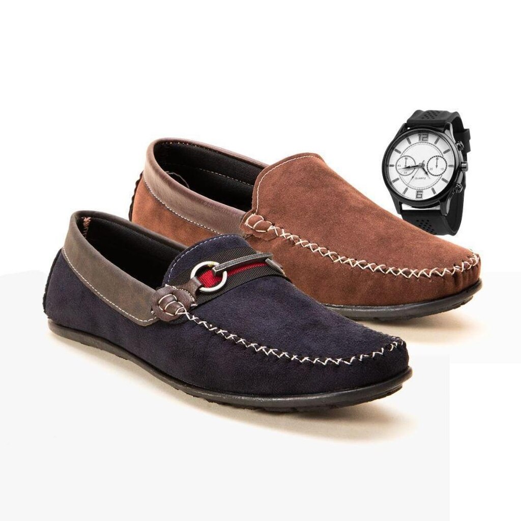 Kit 2 Pares Mocassim Seven Brasil Casual + Relogio Masculino