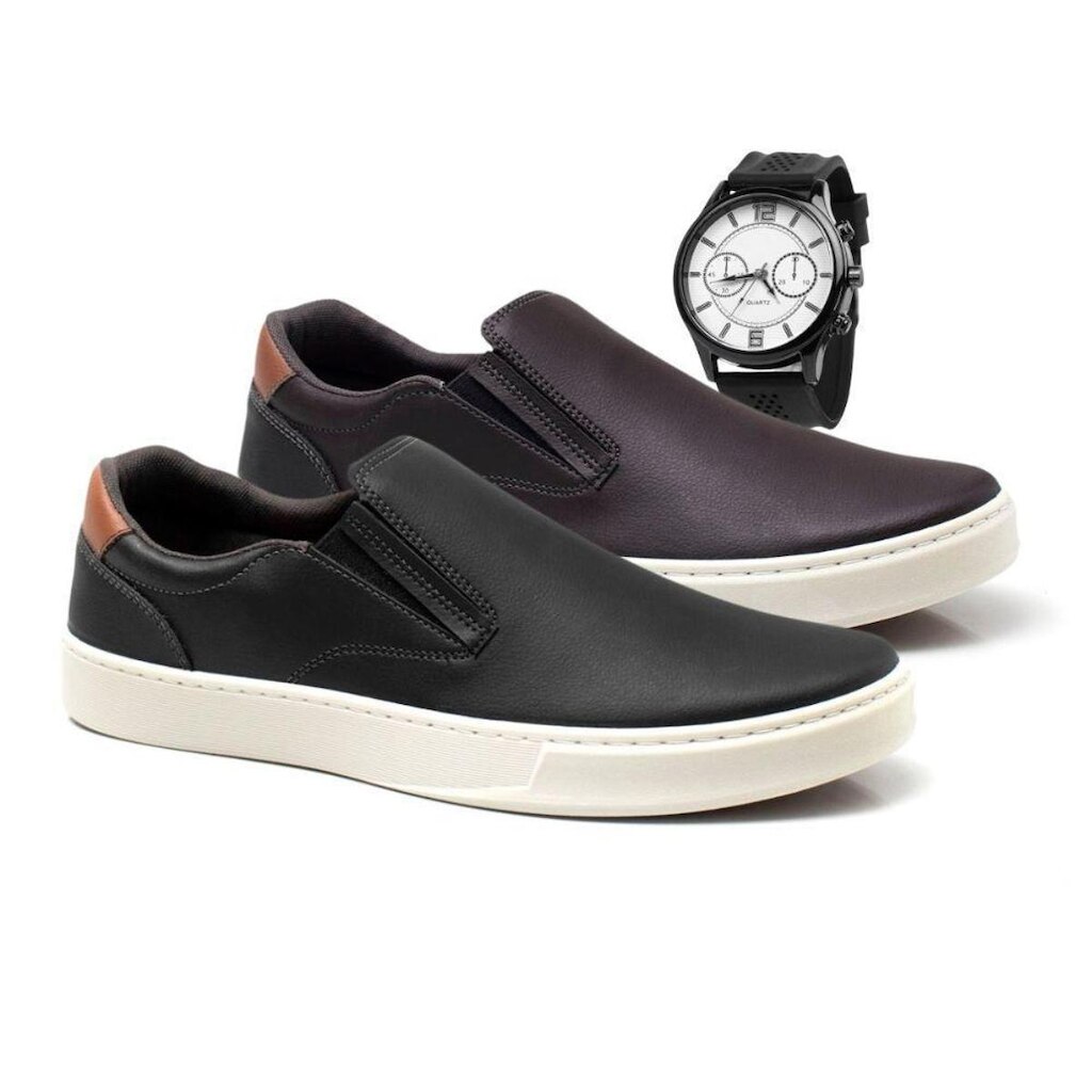 Kit 2 Pares Sapatenis Seven Brasil Slip On + Relogio Masculino