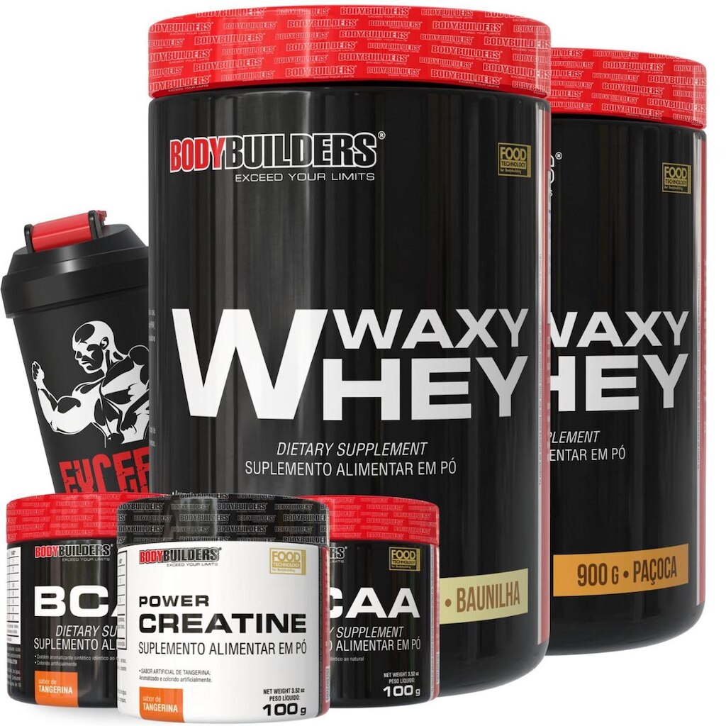 Kit 2x Waxy Whey 900g – 2x BCAA 4,5 100g – 1x Creatina 100g e Coqueteleira – Bodybuilders