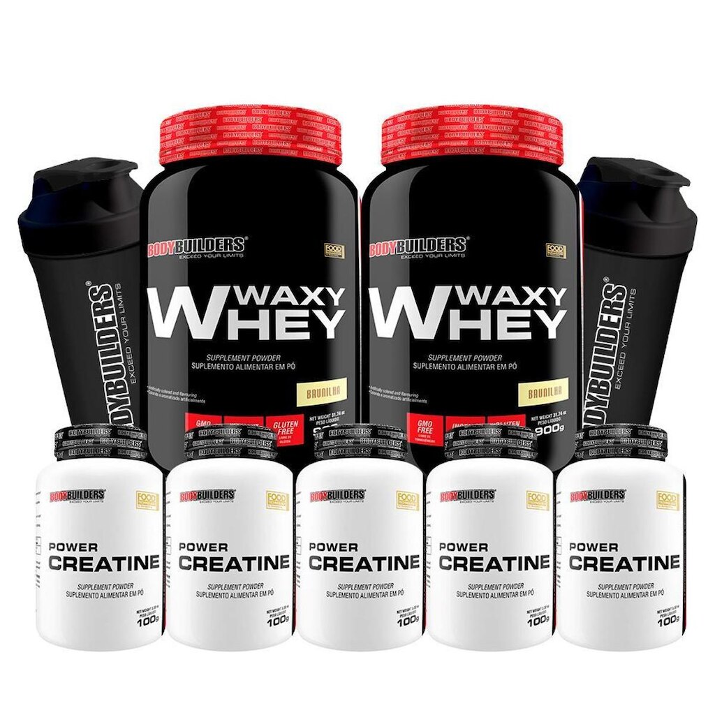 Kit 2x Waxy Whey 900g + 5x Power creatina 100g + 2x Coqueteleira - Bodybuilders