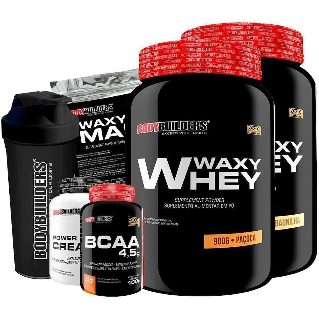Kit 2x Whey Waxy Whey 900g+ BCAA 100g+ Creatina 100g+ Waxy Maize 800g+ Coq- Bodybuilders