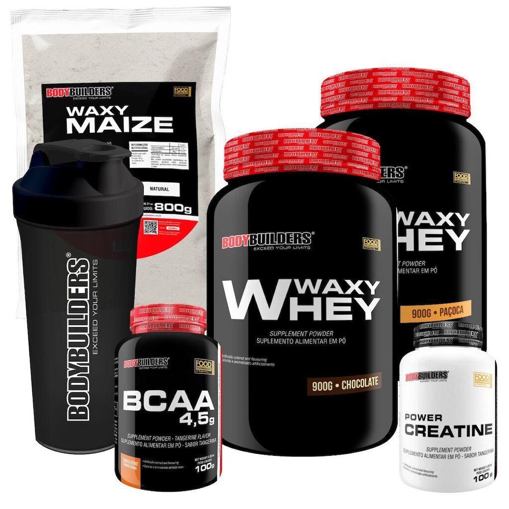 Kit 2x Whey Waxy Whey 900g+ BCAA 100g+ Creatina 100g+ Waxy Maize 800g+ Coq- Bodybuilders