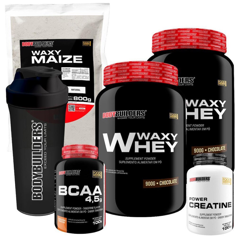 Kit 2x Whey Waxy Whey 900g+ BCAA 100g+ Creatina 100g+ Waxy Maize 800g+ Coq- Bodybuilders