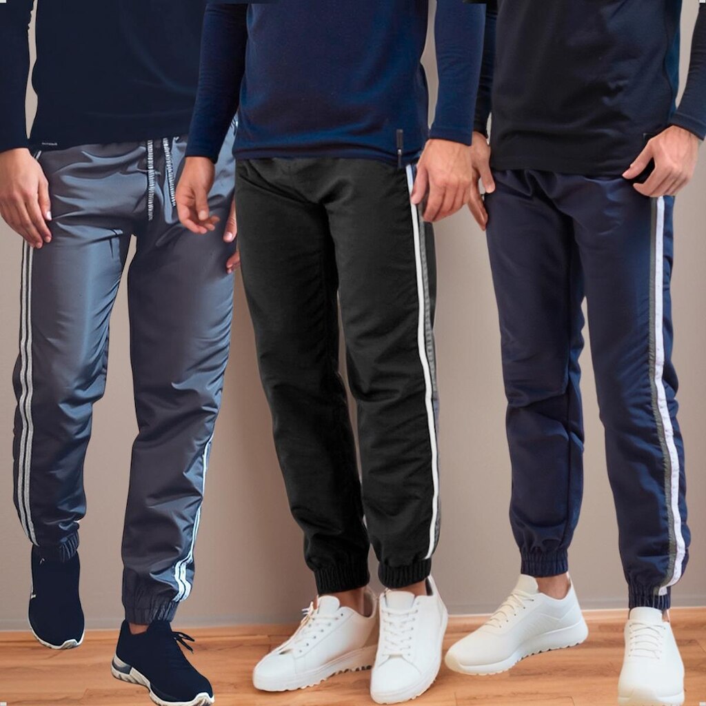 Kit 3 Calças Jogger Popular Masculina Tactel Treino Academia Elástico na Barra