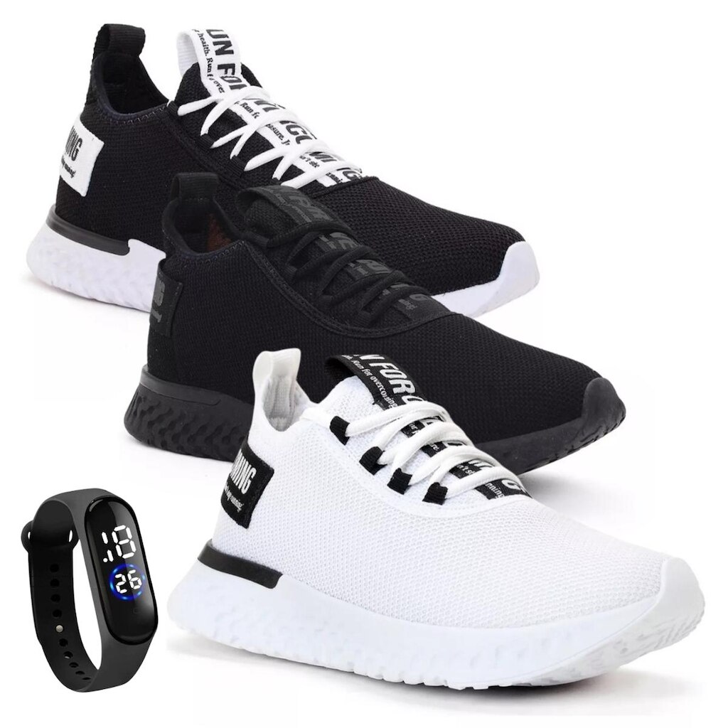 Kit 3 Tênis Masculino Para Academia de Caminhada Macio Conforto + Relógio