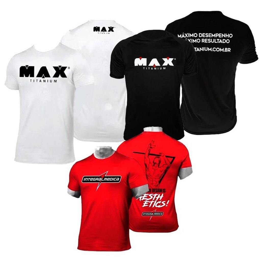 Kit 3x Camiseta Max Titanium Preta + Branca + Vermelha Integralmédica