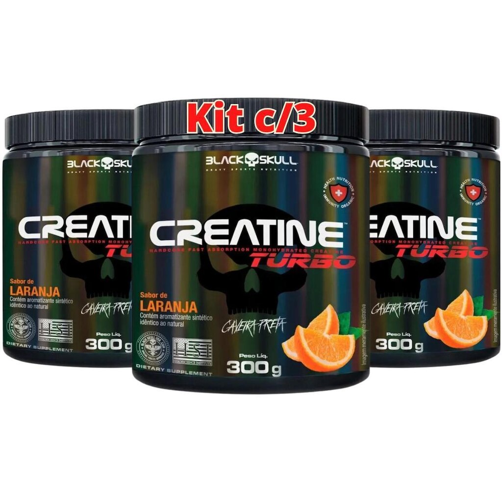 kit 3X Creatina Monohidratada Creatine Turbo Black Skull 300g Energia Força Ganho de Massa